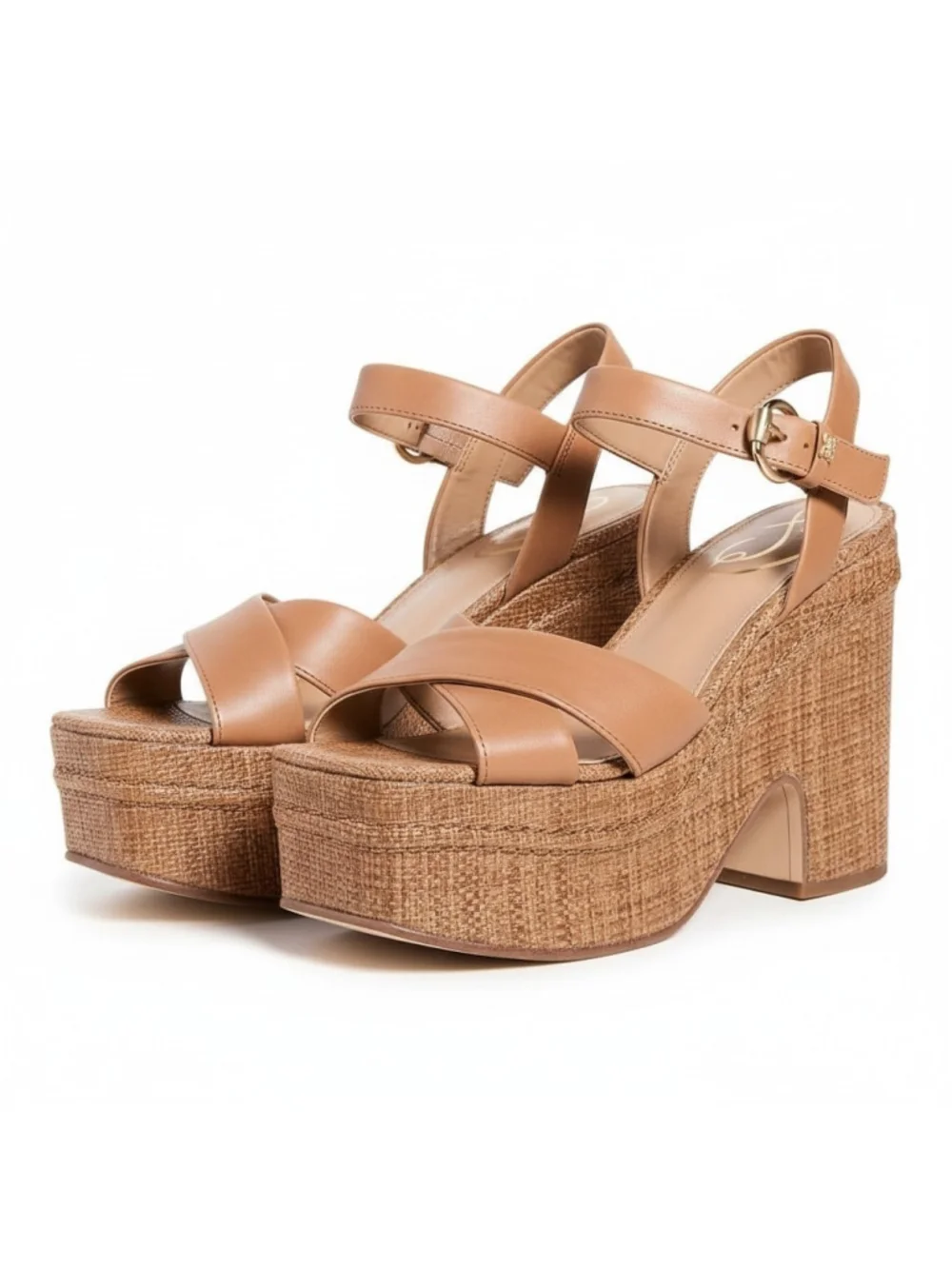 Sam Edelman Trianna LEATHER Woven Jute Raffia Block Heel Sandals 7.5 M Tan Brown